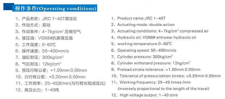 JRC總行程可調氣液增壓缸操作條件